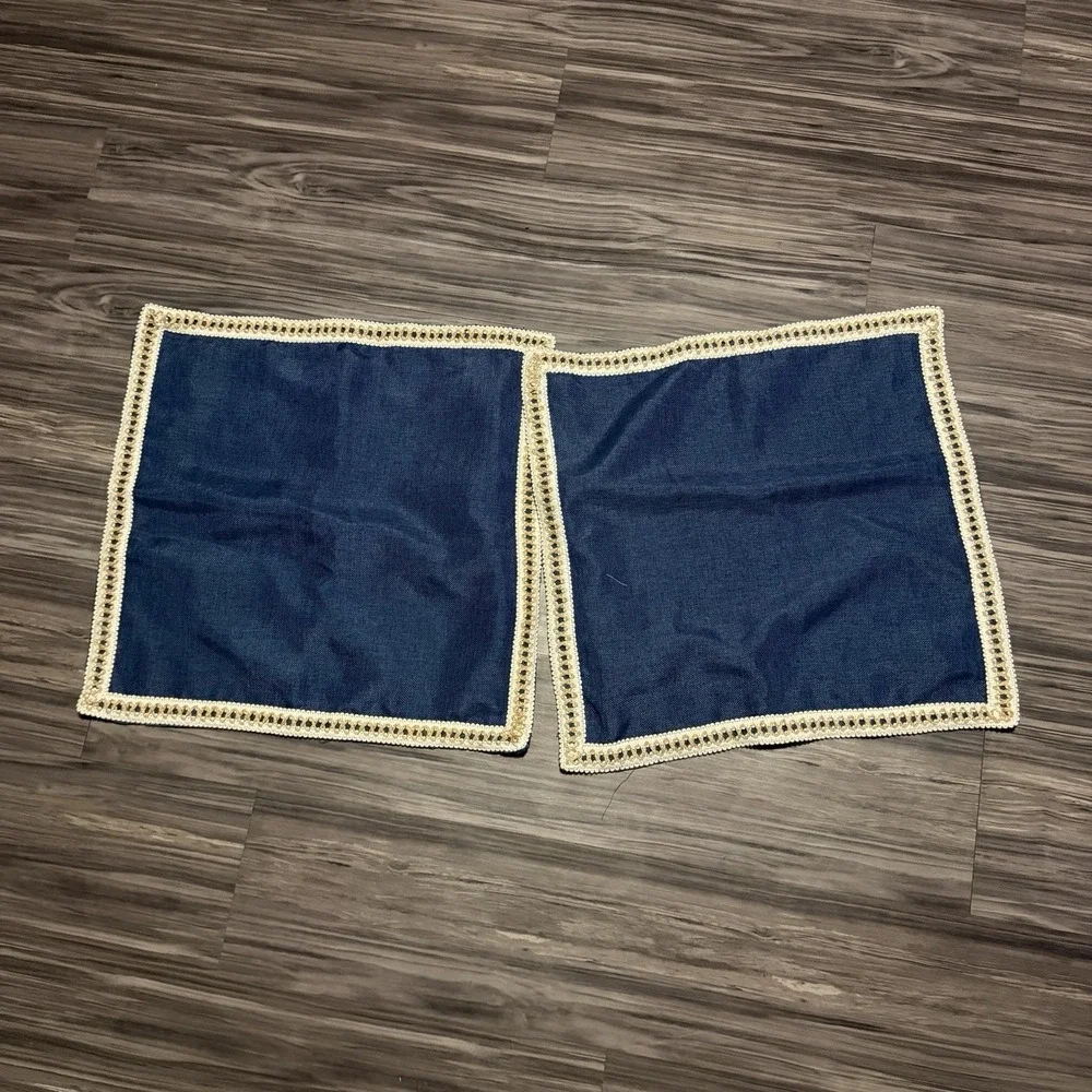 Navy Blue Cream Embrodiered Set Of 2 Throw Pillow Cases 20.5 X 20.5 Inches Boho